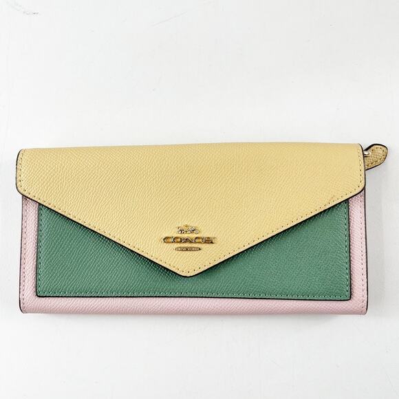 Coach Slim Envelope Wallet Colorblock Pink Green Yellow - Picture 1 of 6